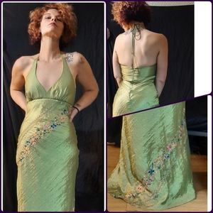 The J. Peterman Company metallic green floor length halter dress Size 4